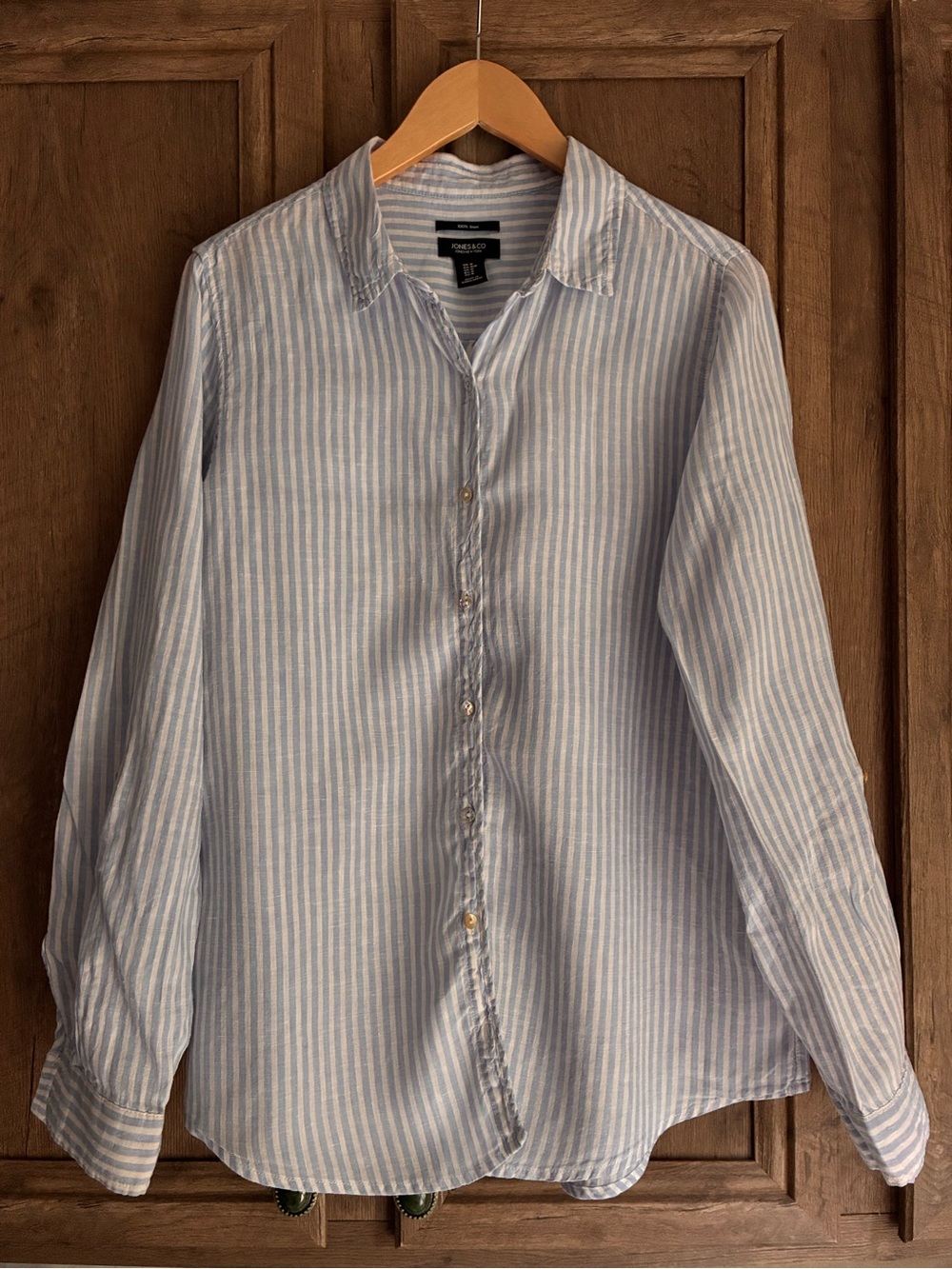 100% Linen Jones New York Blue Striped Button Down Shirt Size M